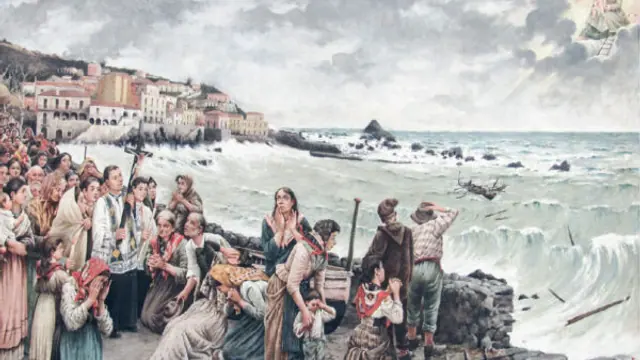 Dipinto del miracolo della Madonna della Scala del 1908: i pescatori in preghiera davanti al maremoto